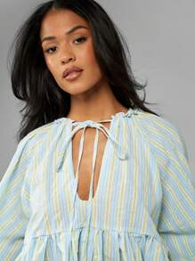 MISSGUIDED 泡泡袖衬衫前系带夏季上衣淡蓝色竖条纹高腰女性海滩度假装春季休闲日间装