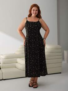 SHEIN EZwear Vestido Negro Largo Tipo Slip con Estampado Floral para Mujer Talla Grande, Ideal para el Verano