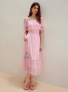 MOTF STUDIO CONTRAST LACE RUFFLE HEM DRESS - Pink - View 6