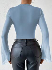 Chiquease Simple Elegant Solid Color Fitted Flare Sleeve Bodysuit - Blue - View 2