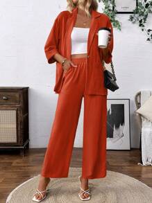 SHEIN Franclia Bộ đồ thường ngày bằng vải lanh pha trộn: Áo khoác blazer & Quần cạp rút - Rỉ Nâu - Xem 4