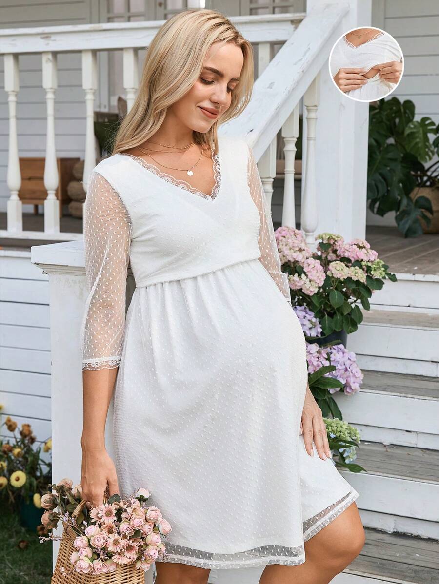 SHEIN Lace & Mesh Sleeve Decor Nursing Maternity Dress  Mother's Day  Nursing Dress
