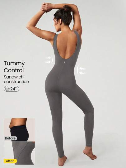 GLOWMODE 24" FeatherFit™ Tummy Control Open Back Gym Yoga Sports Jumpsuit Bodysuit Summer Elegant For Woman