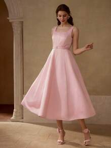 MOTF PREMIUM VESTIDO DE TIRANTES CON PLIEGUES Y CINTURÓN - Rosa - Ver 5