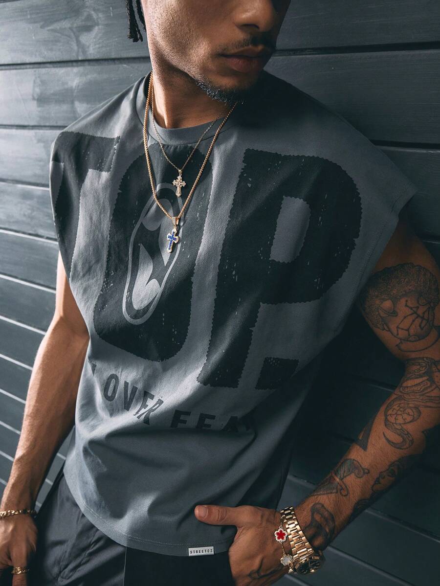 AXEPEAK Multiple Size Men's Letter Patched Hem Loose Fit Tank Top, Streetwear Style - Beige - View 1