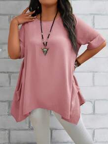 EMERY ROSE Blusas informales holgadas para mamá de talla grande, de cuello redondo, manga corta y bolsillo doble, en color azul, para verano