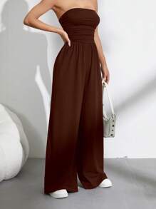 SHEIN Unity Bộ đồ liền thân ống rộng xếp ly màu trơn đơn giản - màu nâu - Xem 4