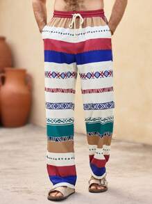 Manfinity VCAY Men's Casual Woven Striped Mid-Waist Drawstring Straight Leg Pants