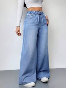 SHEIN Tall Women's Casual High Waist Wide Leg Trousers Blue Women's Jeans Women's Summer Clothing Elastic Waistbandn Women Summer Clothes Women Clothes Women Pants Wide Leg Women Wide Leg Pants - Light Wash - View 3