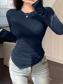 DAZY Asymmetrical Design Fitted Long Sleeve Women T-Shirt,Fall Clothes - Navy Blue - View 2