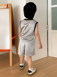 DAZY 2pcs/Set Toddler Boys' Round Neck Knitted Graphic Print T-Shirt And Shorts Set, Summer - Silver - View 4