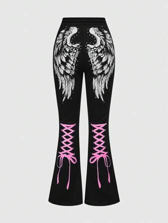 Grunge Punk Frauen Hose in Y2K-Stil mit Schmetterlingsdruck, offenem Rücken und Schleife, enge ausgestellte Hosen