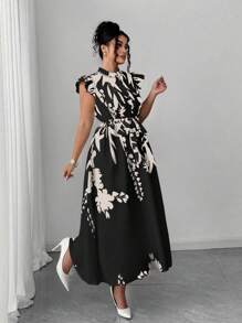 Elenzga Váy xòe họa tiết hoa cỡ lớn, thanh lịch và gợi cảm, tôn lên đường cong cơ thể, hoàn hảo cho kỳ nghỉ, tiệc bãi biển, tiệc vườn, tụ tập thường ngày, đi làm, mua sắm, v.v. Chất vải thoải mái, phong cách đặc biệt, giá trị tuyệt vời - màu đen - Xem 3