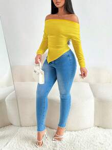 VaVaBold Off-Shoulder T-Shirt With Gathered Shoulders And Asymmetrical Hem - Yellow - View 4
