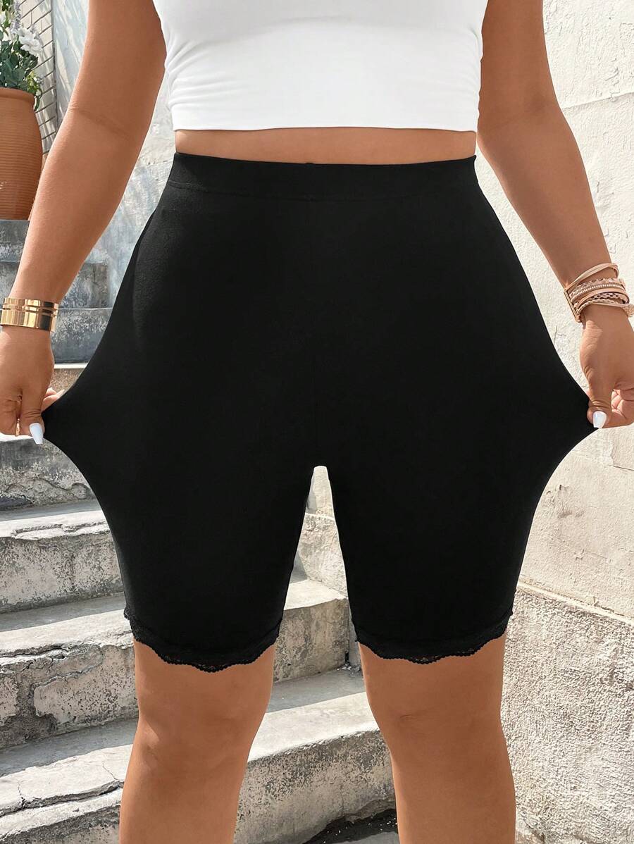 EMERY ROSE Quần legging bó dài đến đầu gối, cạp chun co giãn, thiết kế ren và nối, cỡ lớn, gợi cảm, thoải mái cho nữ, đa năng, chất liệu mềm mại, mùa xuân/hè/thu, quần short biker - màu đen - Xem 1