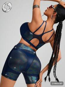 Innovista Women Activewear 2in1 Sets, Foil Print Sports Bra & Leggings, Faux Leather & Metallic Shine Gym Top & Bottoms, 2pieces Workout Outfits, Hollow Out Abstract Print Breathable Mesh Cut Out & Elastic For Fitness Yoga, Mat, Pilates, Running, Cardio, Going Out, Athleisure, Outdoor, Hike, Trekking, Trail, Strength, Weights, Blue, Y2K, Autumn Fall Gear, Bikini, Bathing Suit Fall Outfits For Women Cool Light Blue Utilitarian Chic - Multicolor - View 7