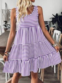 EMERY ROSE Urlaubs-Lässig gestreiftes ärmelloses Damen-Rundhalskleid mit Rüschensaum