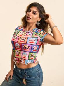 Paul Frank X SHEIN Maglietta da donna oversize con motivo a scimmia cartone animato, semi-trasparente, stile Y2K kawaii, adatta per vacanze estive e festival musicali