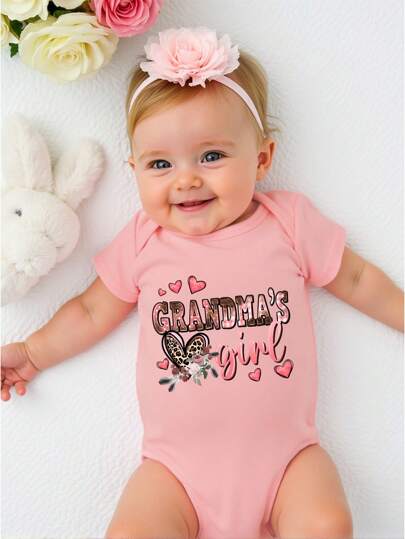 SHEIN Playful Pals Baby Girl Short Sleeve Funny Letter Print Bodysuit, Summer