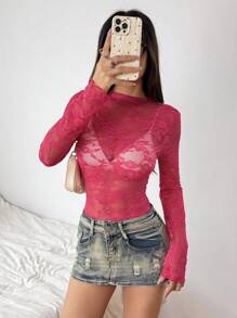 SHEIN Tall Women's Lace See-Through Sexy Cropped Top