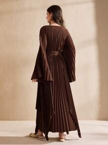 Graceveil Vestido elegante de estilo árabe modesto con cuello redondo, mangas plisadas y con vuelo, y bajo asimétrico, para primavera/verano - Marrón - Ver 2