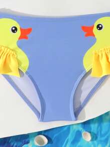 Young Girl Asymmetric Neckline Top With Bow Decor & Cartoon Print Triangle Bikini Swimming Suit Set - Blue - View 4