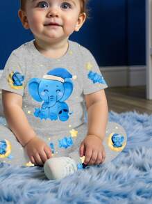 SHEIN Baby Boy Casual Minimalist Slim Fit Round Neck Comfortable Short Sleeve Pants Pajamas Set, Suitable For Spring/Summer, Snug Fit