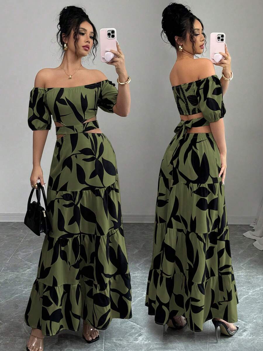 Elenzga 女士露肩系带镂空度假连衣裙，随意花朵剪裁 - 軍綠色 - 查看 1