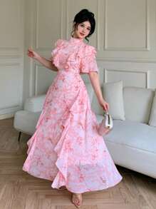 Modelyn Women Stand Collar Ruffle Trim Cinched Waist Chiffon Printed Dress - Pink - View 3