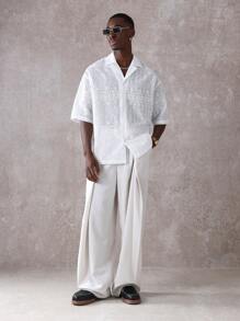 SUMWON 刺绣夏季纽扣衬衫孔眼度假装婚礼海滩度假岛屿天堂休闲短袖半正式场合翻领英式刺绣 - 白色 - 查看 2