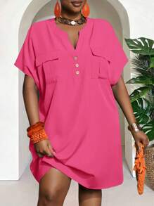 Slaydiva New Fashionable Elegant Casual/ Business Casual Women V-Neck Loose Shirt Dress With Pockets, Short Sleeve Mini Flowy Dress - A,Sun Dresses For Women - Hot Pink - View 11