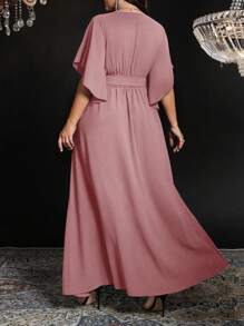 Auvina Vestido largo elegante de fiesta para mujer de talla grande con cuello en V, manga corta acampanada, cintura anudada, drapeado y abertura
