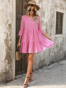 SHEIN Clasi Abito casual con colletto a tacca, stampa a righe e volant sul fondo