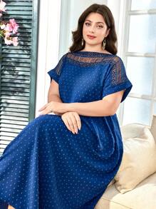 SHEIN Lacomfia Vestido casual de mujer de talla grande con mangas cortas, parches de encaje, recorte y textura fluida - Azul Marino - Ver 5