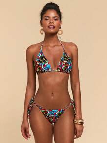Travachic Conjunto de bikini de mujer con estampado total, parte superior con anudado frontal