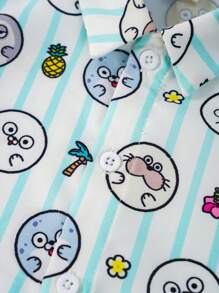 SEALOOK X SHEIN Bộ 2 món áo sơ mi sọc hoạt hình dễ thương cho bé trai và quần short in chữ, đi biển mùa hè - màu xanh lá - Xem 5