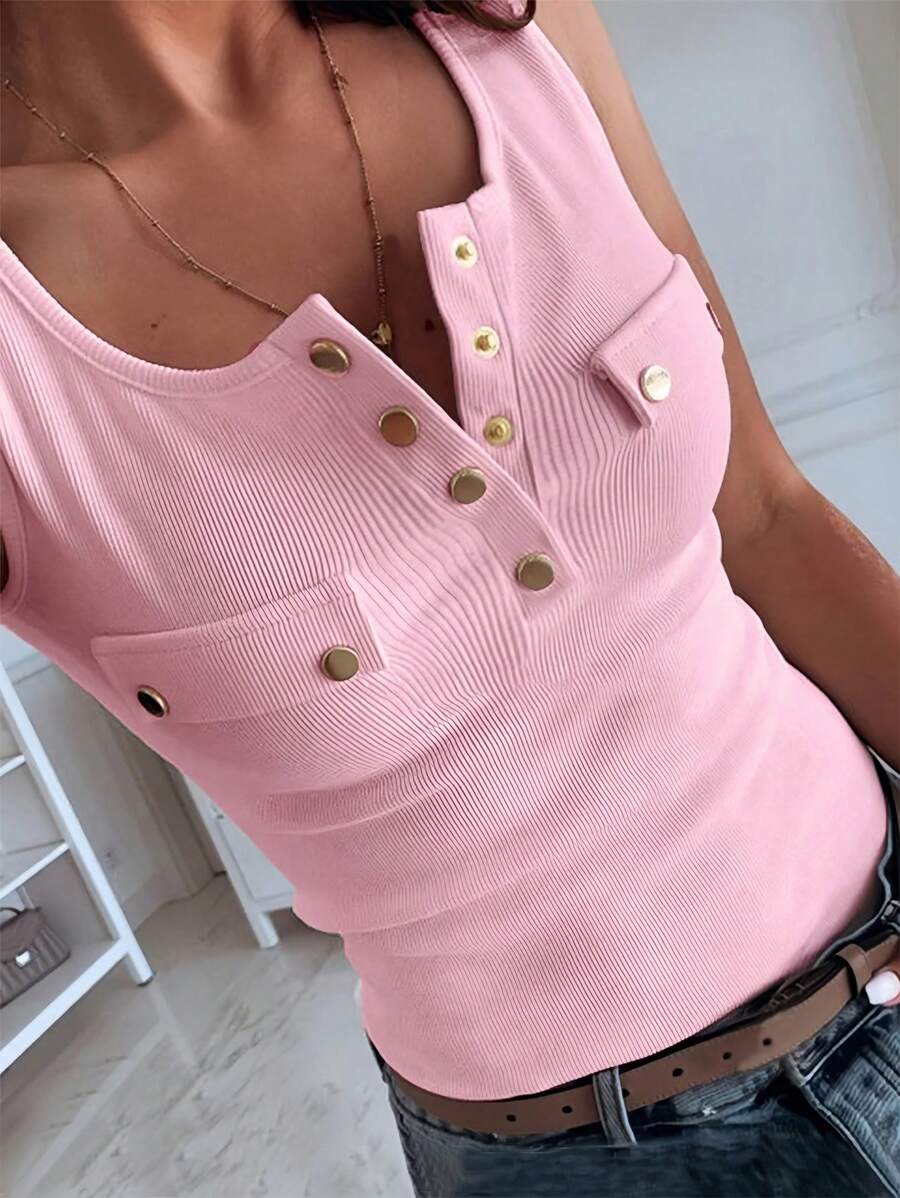 SHEIN SXY Áo ba lỗ không tay cài nút kim loại đơn giản màu hồng ôm vừa vặn - Hồng - Xem 1