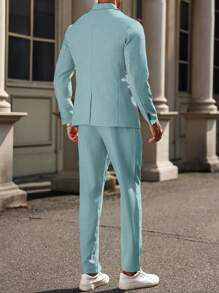 Manfinity Mode Men's Gentleman Business Single Breasted Suit Jacket And Pants Set - Dusty Blue - View 2