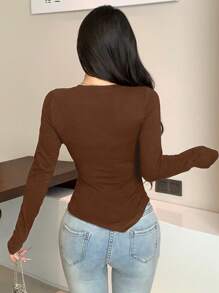 DAZY Asymmetric Design Women Fitted Long Sleeve T-Shirt,Fall Women Clothes - Coffee Brown - View 5