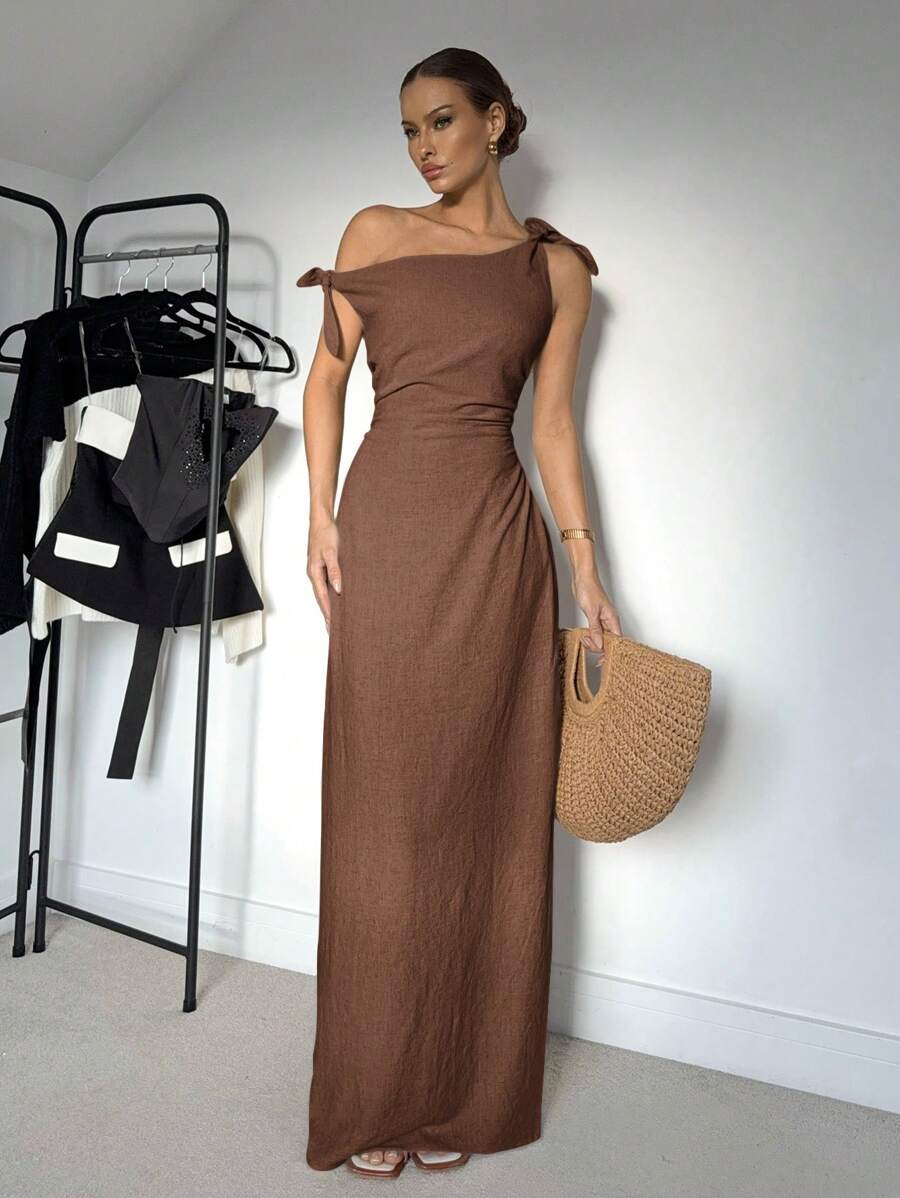 Siren Gaze Women Solid Color Asymmetric Neck Pleated Elegant Long Dress ...
