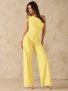 SHEIN BAE Summer Beach Vacation Elegant Solid Black Asymmetrical Collar Off-Shoulder One-Shoulder Jumpsuit, Suitable For Daily Dating, Night Out, Nightclubs, Parties, Get-Togethers, Cocktail Parties, Pool Parties, Office Wear, Commuter Jumpsuits, Holiday Jumpsuits