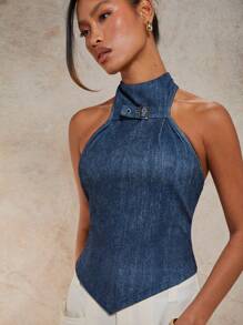 COSMINA Chaleco vaquero de mujer con cuello de halter de moda para el verano