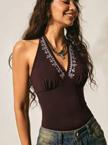 Easelle Body a canottiera con ricamo marrone per donne in maglia