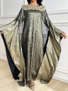Al Najma 女士撞色蕾丝网纱长袍和连衣裙阿拉伯服装套装，朴素 - 金色 - 查看 6