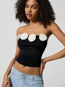 Easelle Three-Dimensional Flower Top Summer Black And White Flowers Festival Style Easter Outdoor Music Festival Decorative Flowers Black And White Top - Black and White - View 4