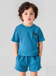 2pcs/Set Boys Letter Graphic Pocket Tee And Shorts Set - Blue - View 1