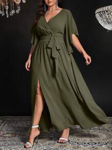 Auvina Plus Size Women V-Neck Flare Short Sleeve Tie Waist Ruched Slit Elegant Party Dress