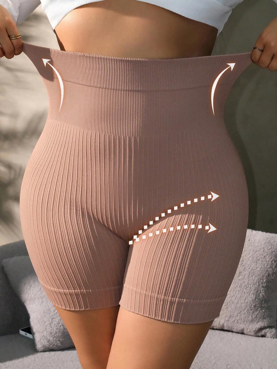 SHEIN 1pc Plus Size Seamless High Waist Vertical Striped Slimming & Lifting Pants - Mocha Brown - View 1