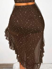 Zolique Fashionable Sexy Short Front Long Back Sequin Mesh Mini Skirt - Brown - View 2