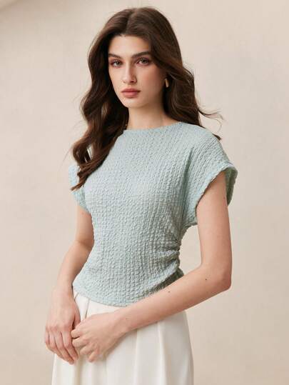 BizChic Blue Textured Shoulder Sleeve Ruched Waist Women's T-Shirt, Modern Elegant Urban Commute Everyday Romantic 90s Retro, Suitable For Christmas, New Year, Valentine's Day, Party, Beach, Graduation, Fashion, Carnival, Holiday, Wedding Guest, Hostess, Suitable For Outing, Date, Party, Concert, Stage Performance, Breakfast, Airport, Multi-Scenario